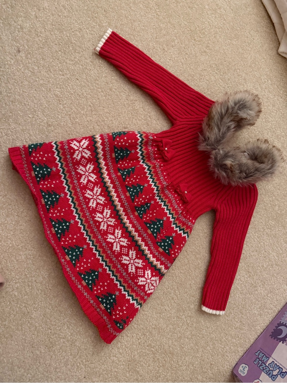 Tommy Bahama Girls Christmas Dress with Faux Fur Trim